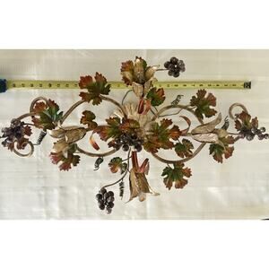 VINTAGE ITALIAN TOLE Painted METAL Flush Mount Light Fixture Grapes/Grape Vine